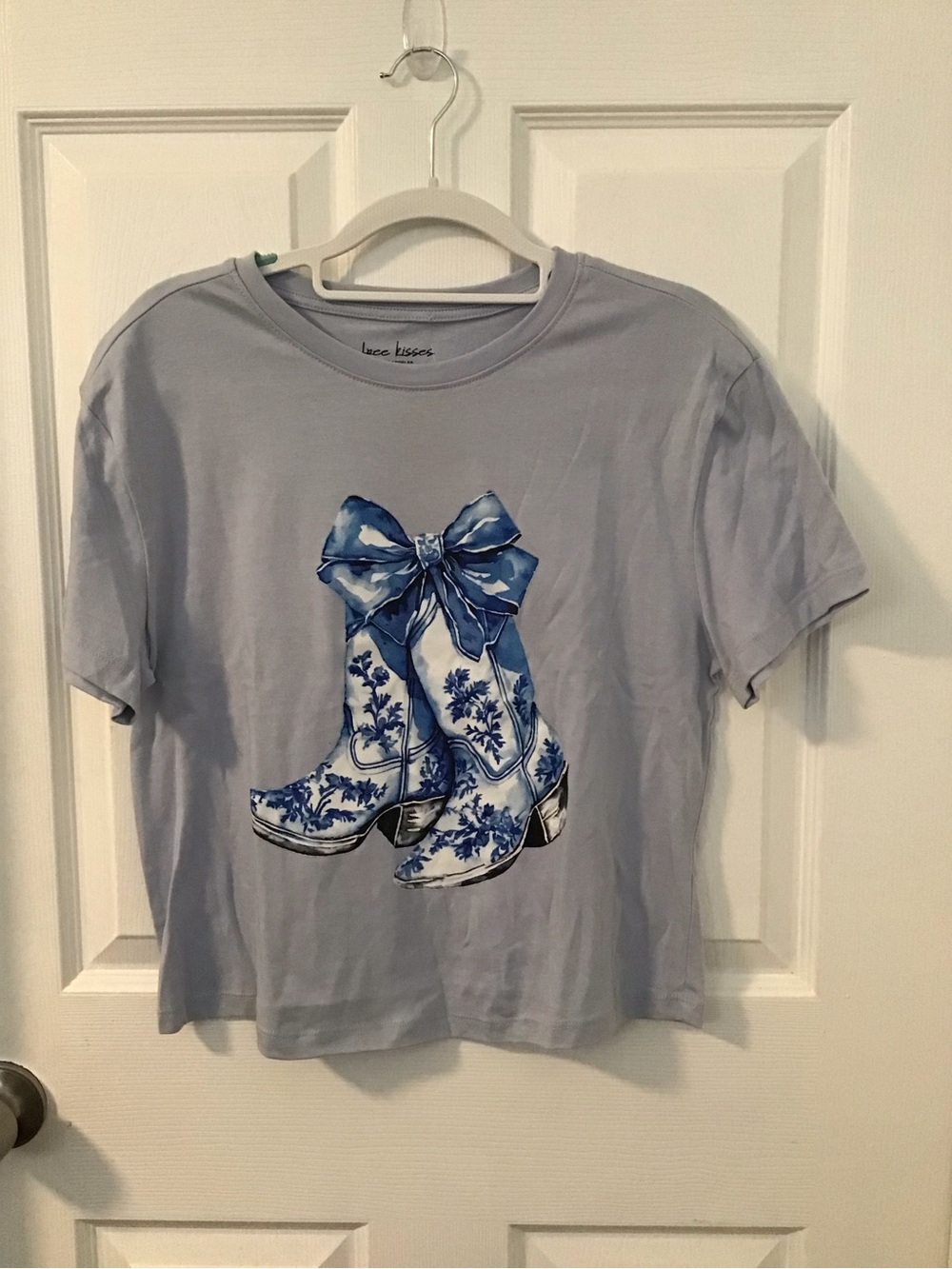 Free Kisses Light Blue Tee with Blue Boot & Bow Graphic